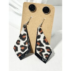 Animal Sequin‎ Embellished Leather Dangle & Crystal Round Earrings Black 2 Pairs